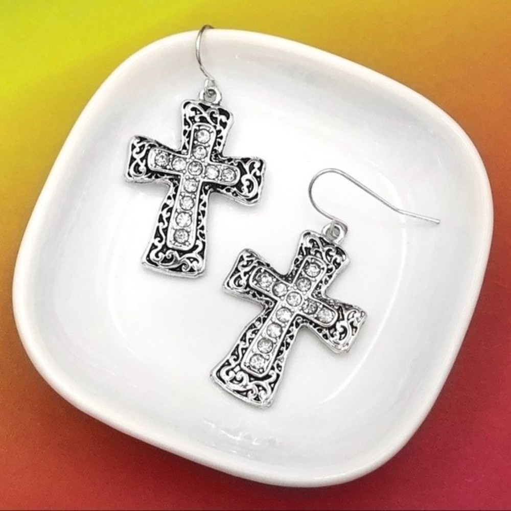 🌼 Rhinestone Swirl Cross Dangle Earrings